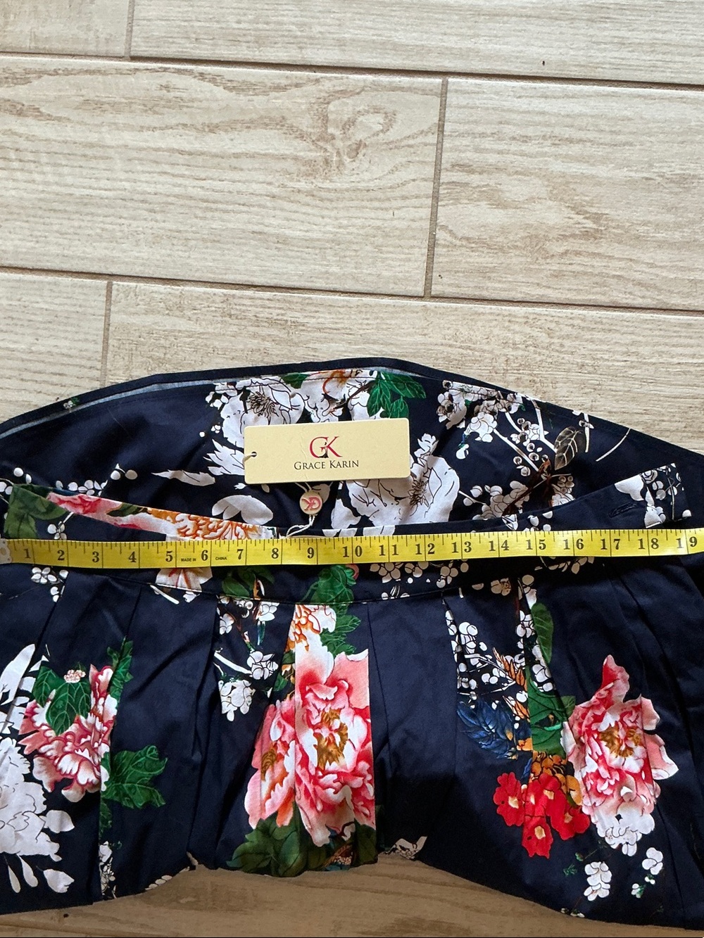 Grace Karin Navy Floral A-Line Pleated Skirt Sz XXL two pockets zipper